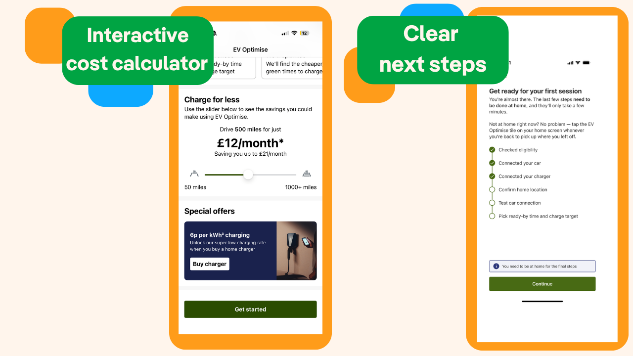 screengrab of EV Optimise updates showing a new calculator tool and a timeline to ensure clarity for customers when it comes to next steps