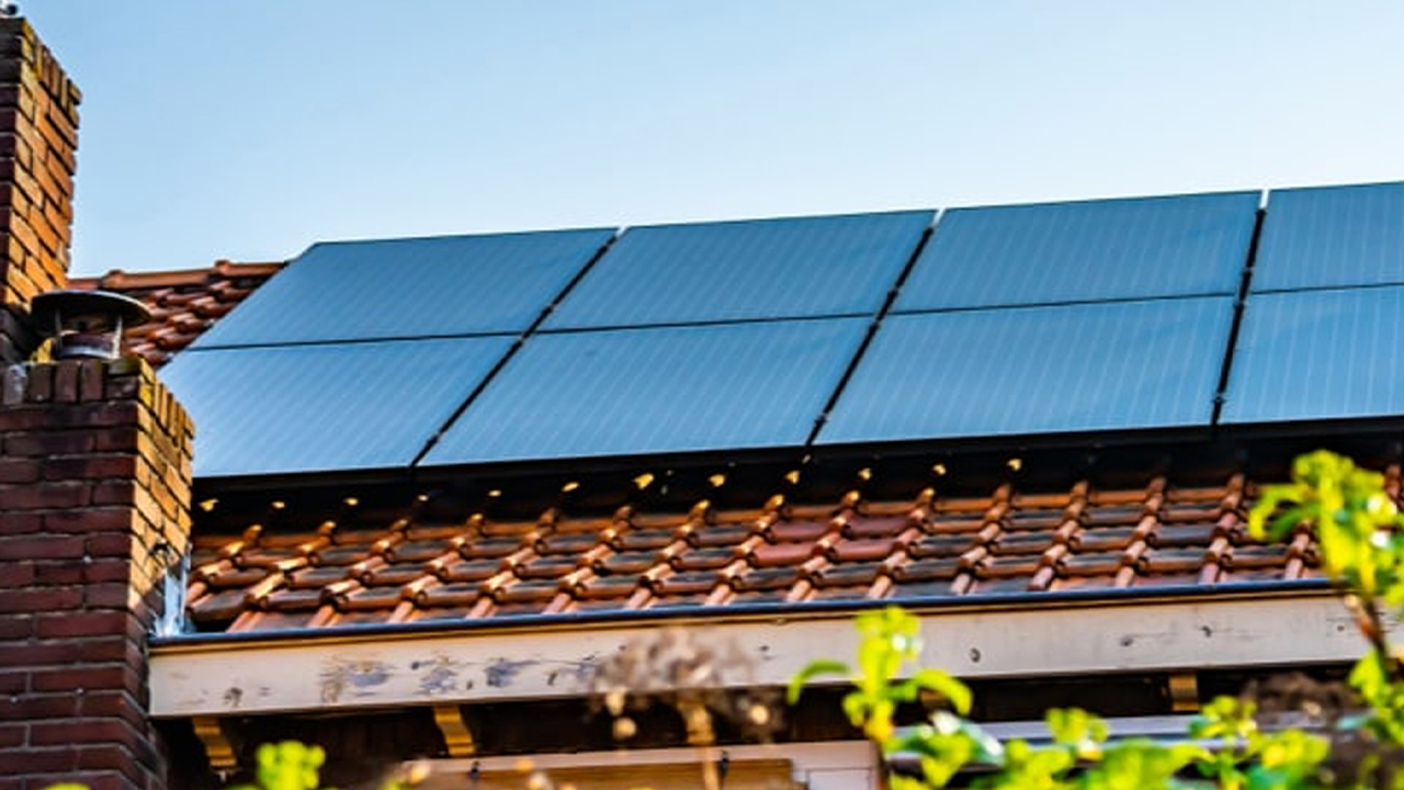Solar panels on a roof on a sunny day
