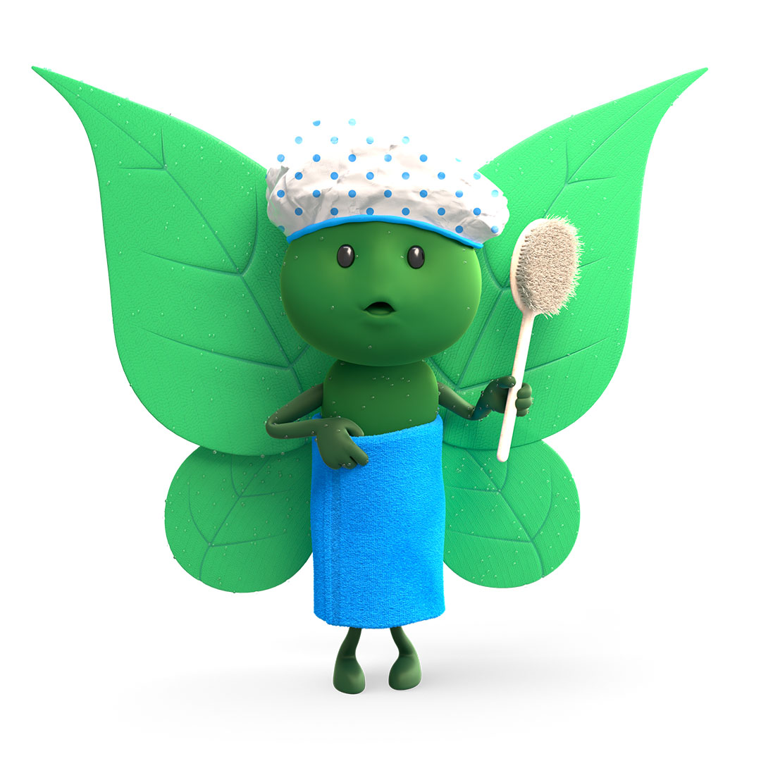 Bruce the butterfly wrapped in a towel, symbolising dependable hot water, boiler and heating cover, and year-round home comfort.