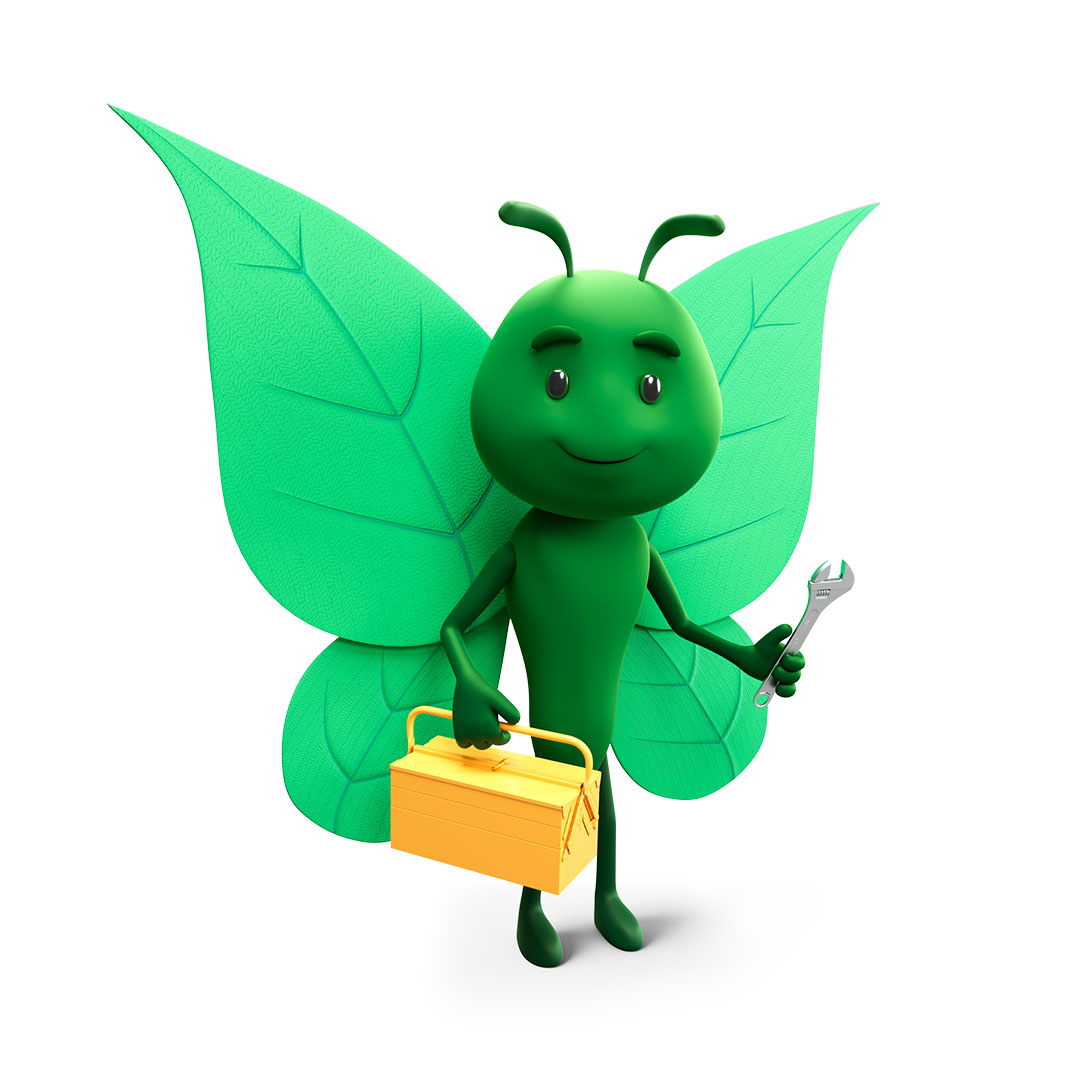 ScottishPower green mascot holding a toolbox and spanner, representing air source heat pump installation, maintenance and low-carbon home heating services.