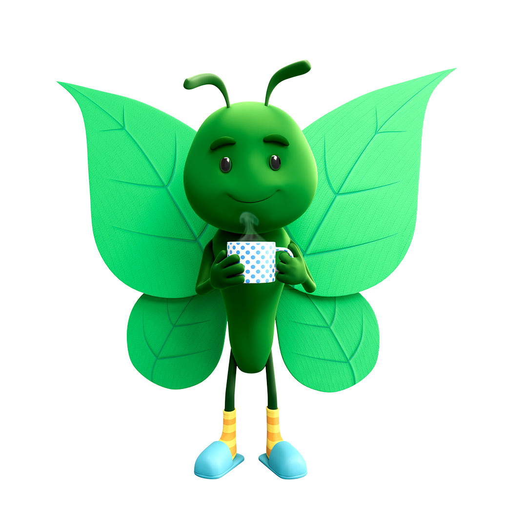 Bruce the butterfly holding a hot drink, representing home comfort, heating cover and support during colder weather.