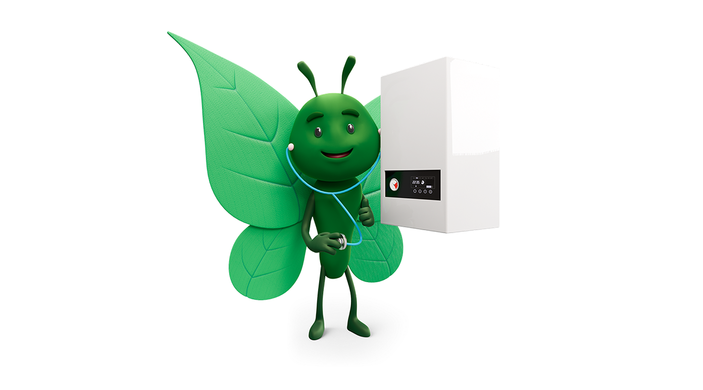 Bruce the butterfly cleaning around an open fridge, representing simple household actions that improve appliance efficiency, reduce energy waste and help lower energy bills."