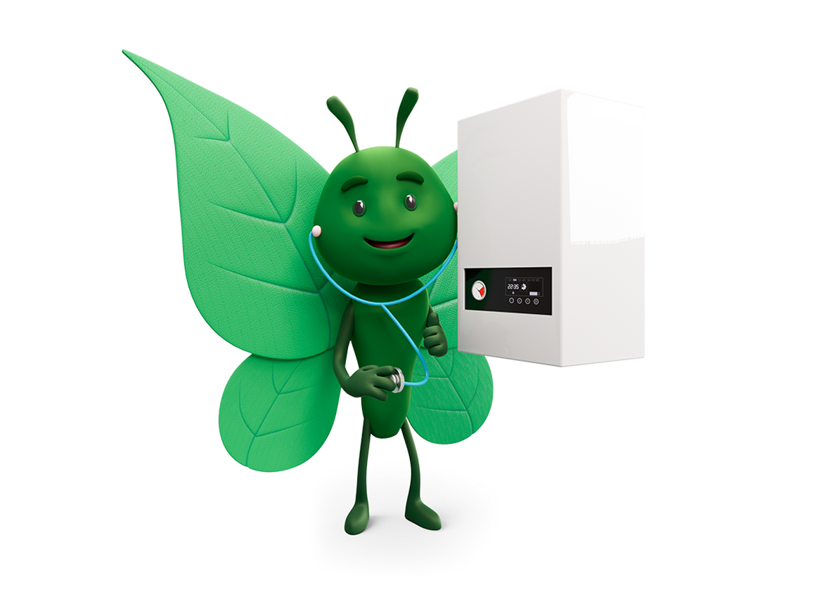 Bruce the butterfly cleaning around an open fridge, representing simple household actions that improve appliance efficiency, reduce energy waste and help lower energy bills."