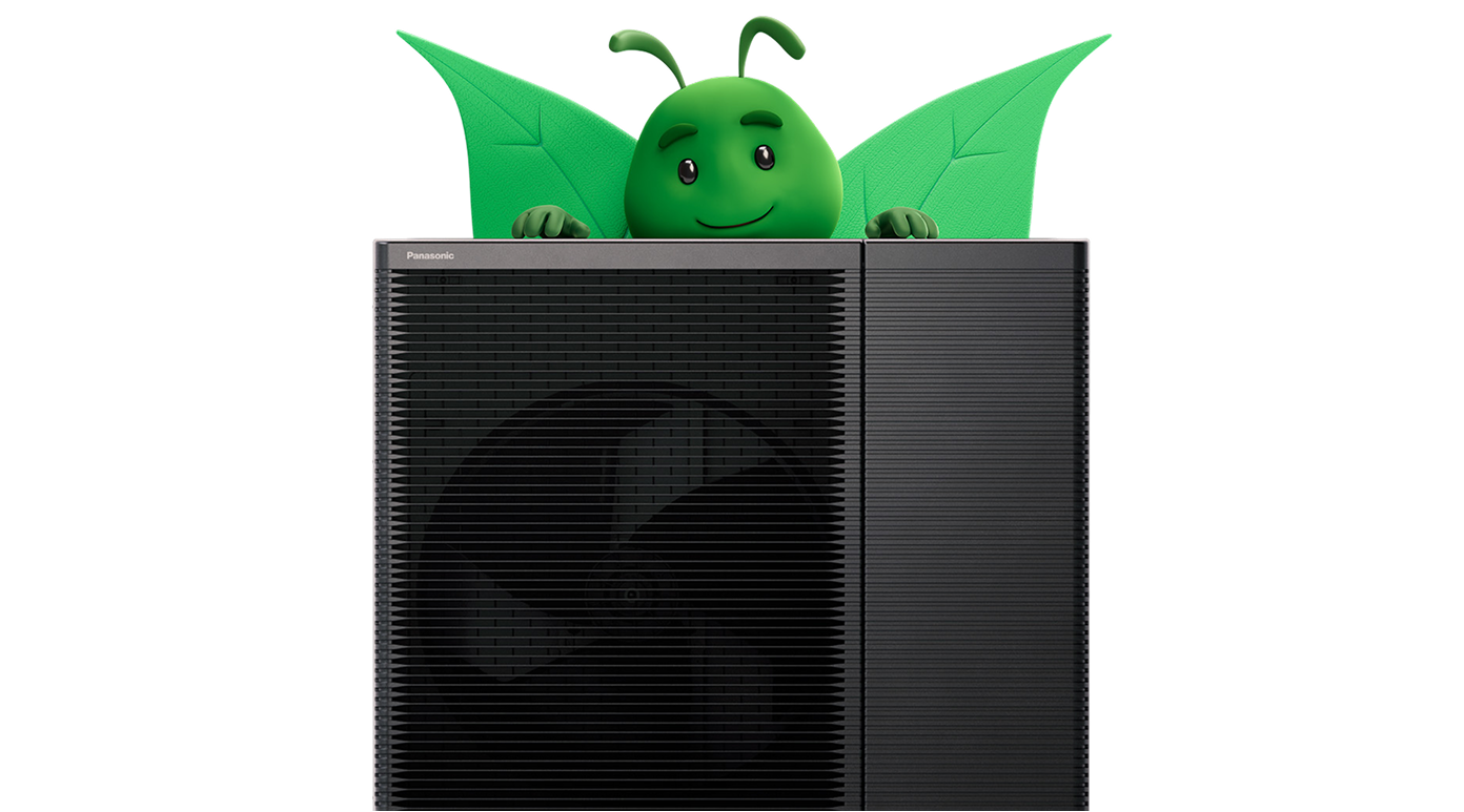 Bruce the butterfly with a Panasonic air source heat pump, representing energy-efficient home heating, renewable technology and low-carbon energy solutions.