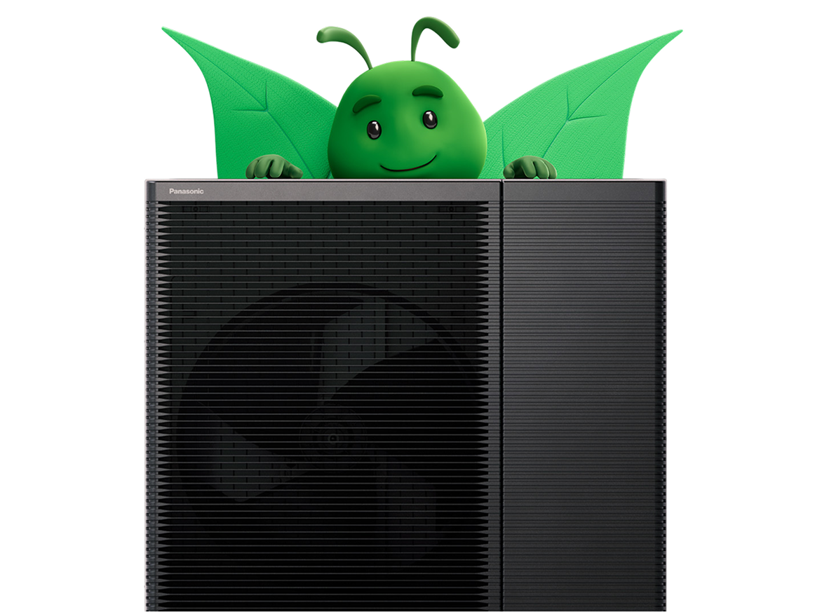 Bruce the butterfly with a Panasonic air source heat pump, representing energy-efficient home heating, renewable technology and low-carbon energy solutions.