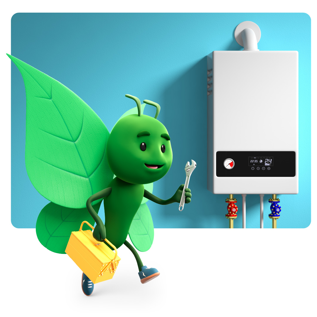 Bruce the butterfly holding a toolbox and spanner next to a modern wall-mounted home boiler, representing boiler installation, maintenance and energy-efficient home heating solutions.