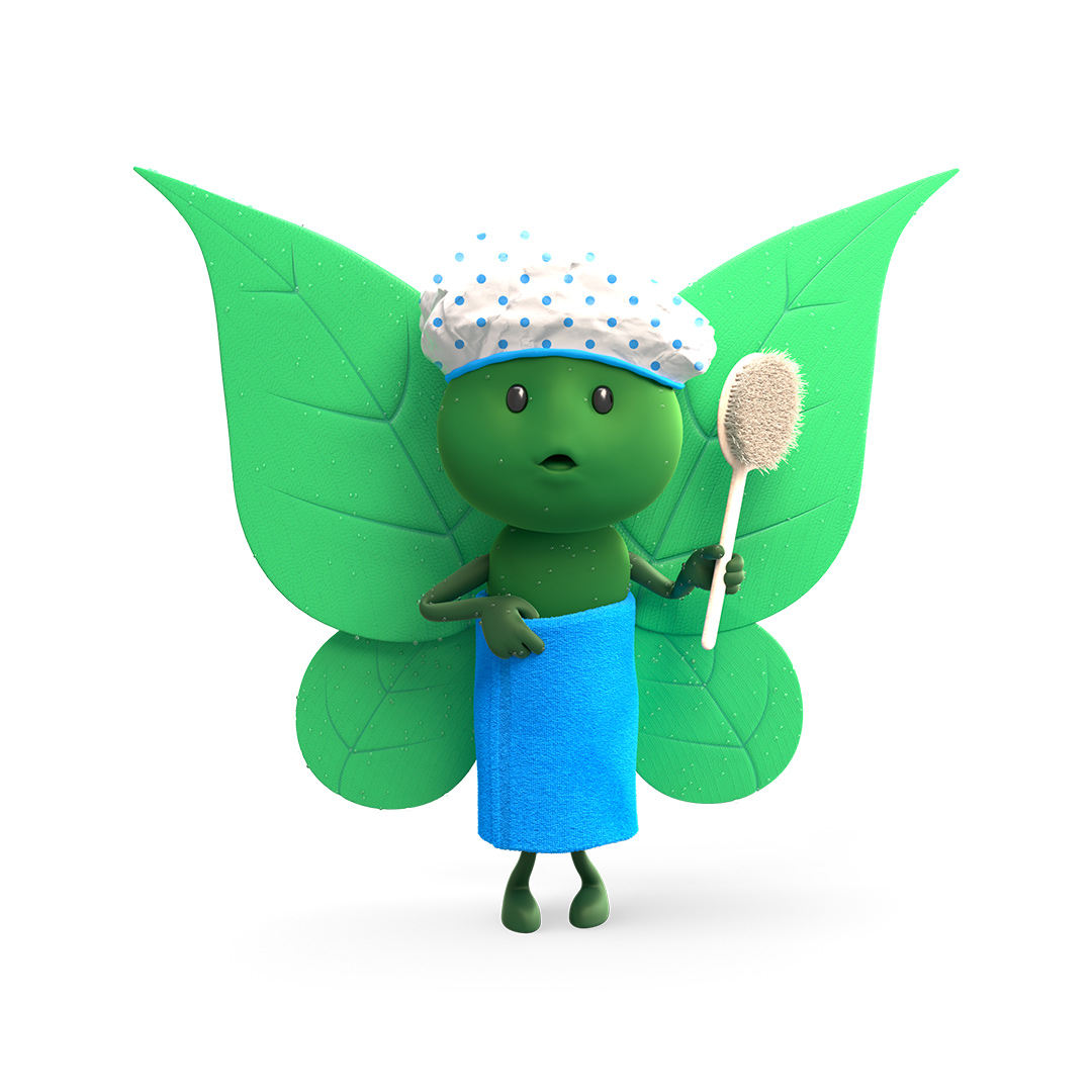Bruce the butterfly wearing a towel and shower cap with a shocked expression