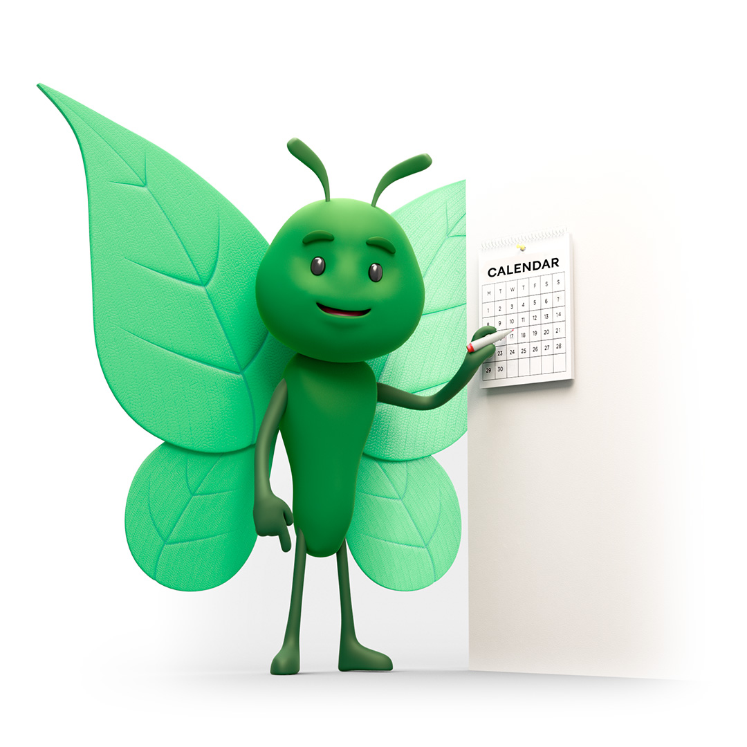 Bruce the butterfly marking a random date in a calendar