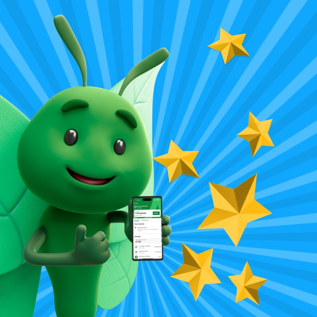 Green butterfly holding a phone and giving a thumbs-up, with stars in the background