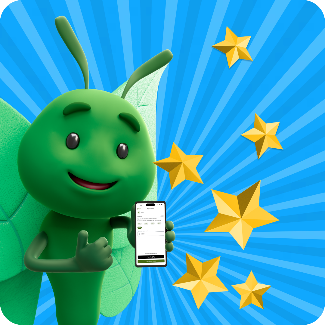 Green butterfly holding a phone and giving a thumbs-up, with stars in the background