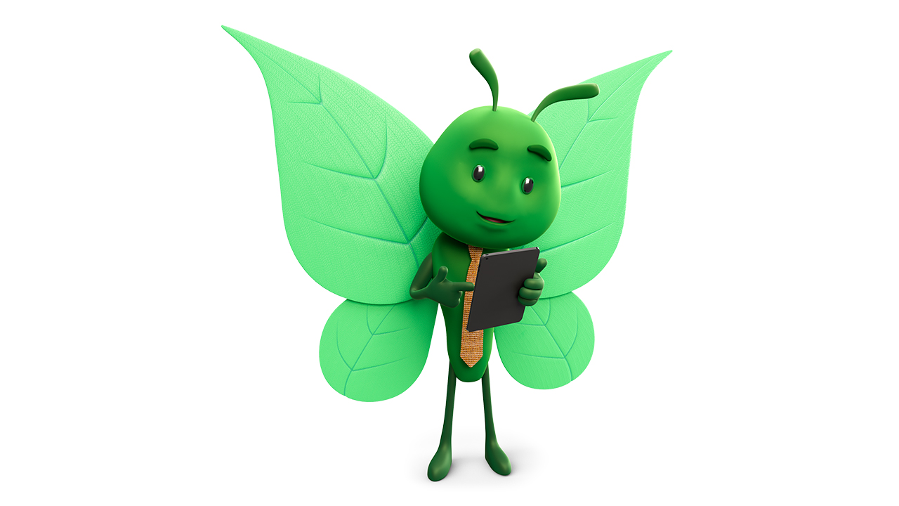 Bruce the butterfly using a tablet, symbolising renewable energy and digital customer services