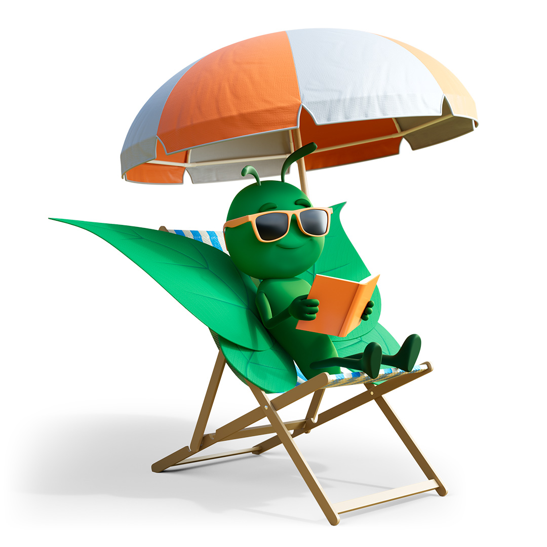 Bruce the butterfly, ScottishPower's mascot, sits on a deckchair under a striped parasol, wearing sunglasses and reading a book.