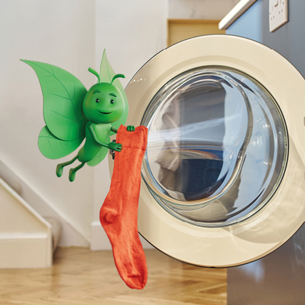 Bruce the butterfly about to put an orange sock into the washing machine
