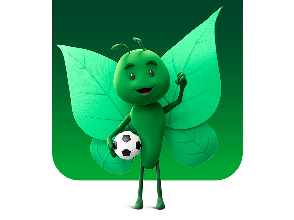 Bruce the butterfly holding football in his left hand