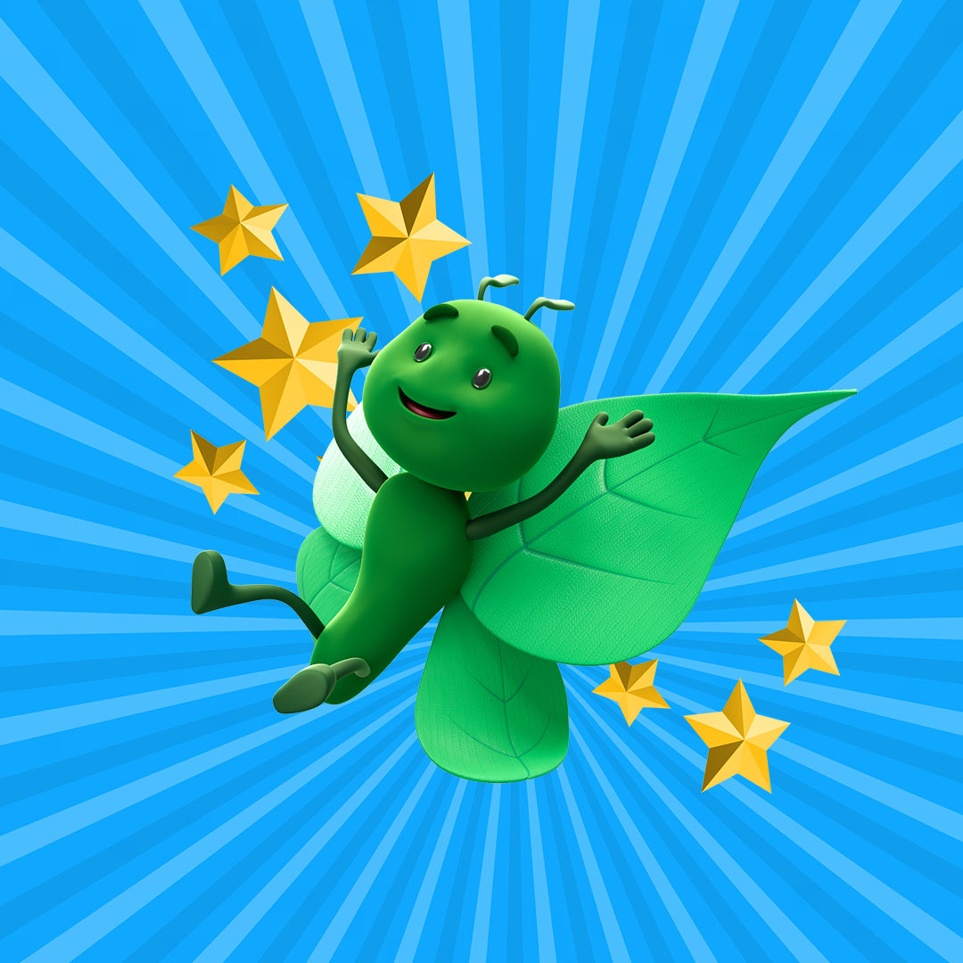 Bruce the butterfly with a smiling face against a blue background with radiating lines and several golden stars
