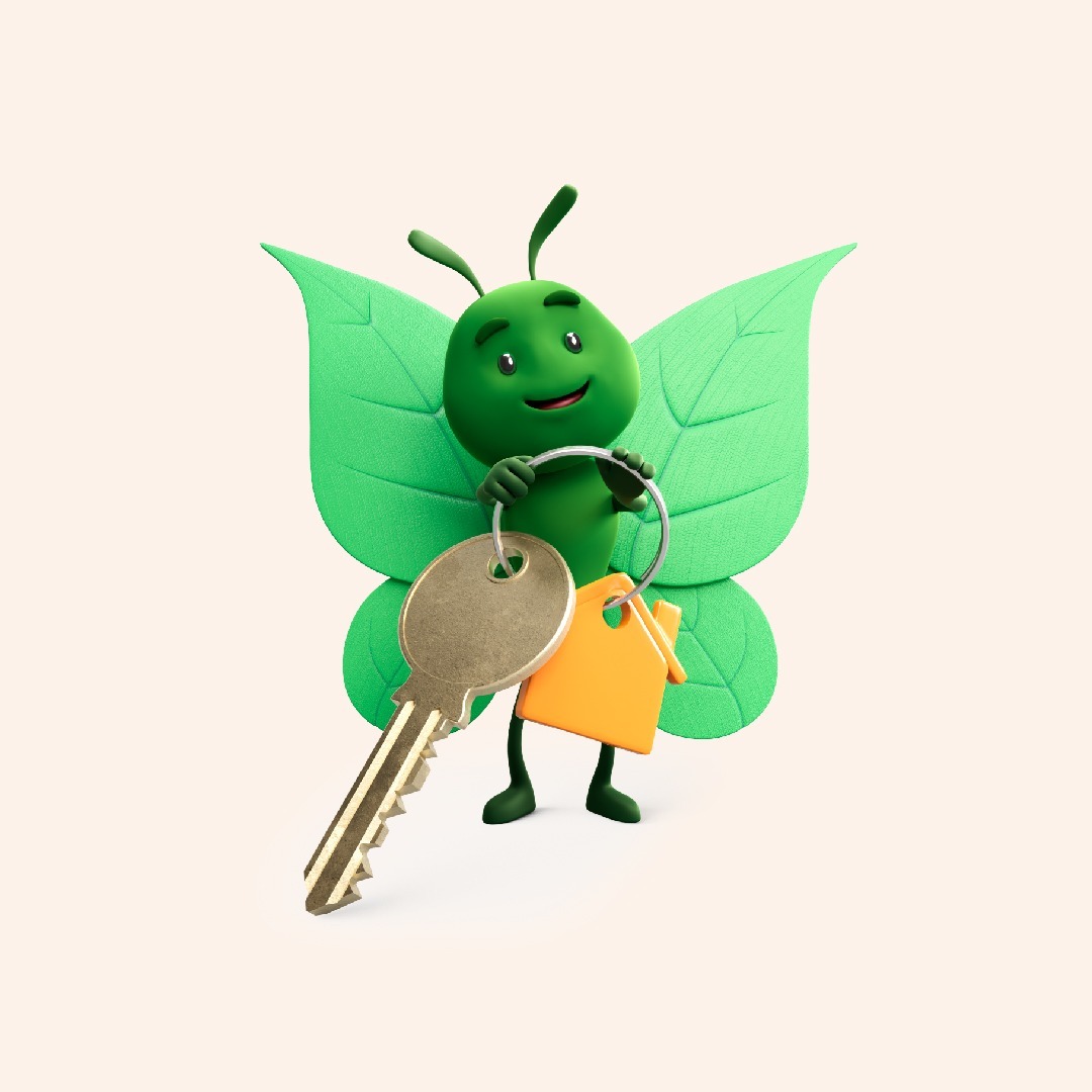 Bruce the butterfly holding keys to a new home