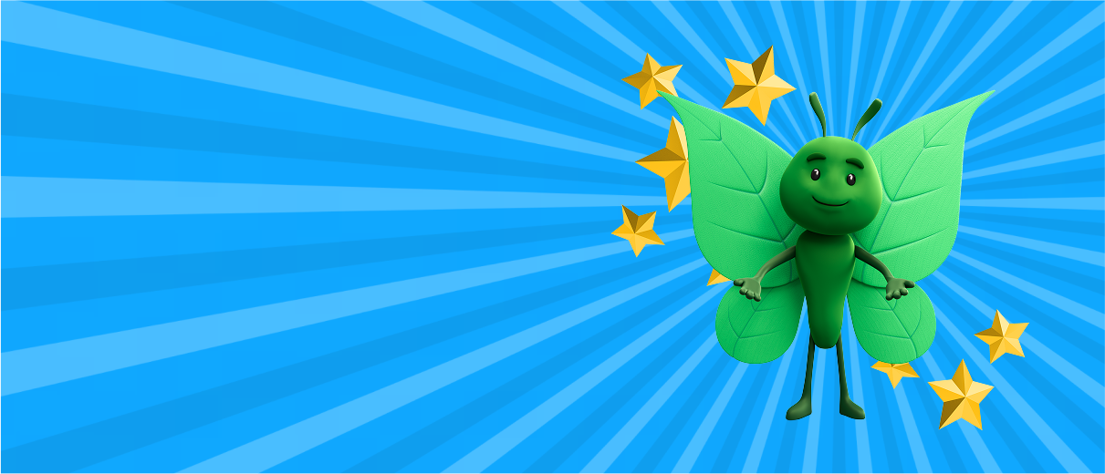 A green butterfly with a smiling face and large leaf-like wings stands against a blue background with radiating lines and several golden stars