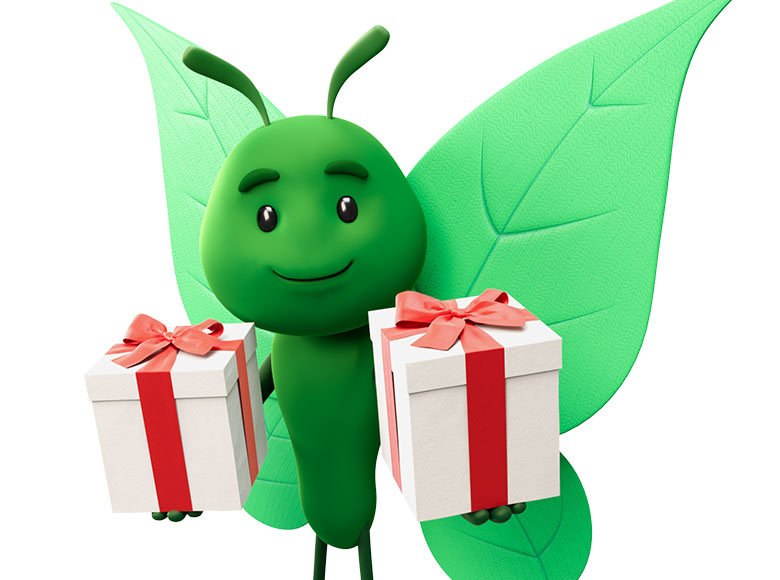 Bruce the green butterfly is holding two white gift boxes with red ribbons and bows, one in each hand, while smiling