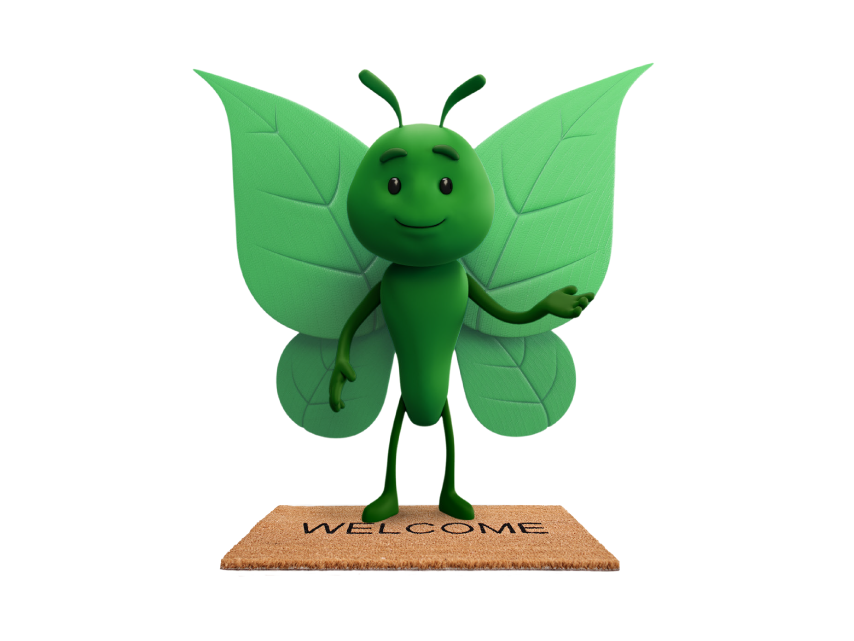 Bruce the butterfly standing on a welcome mat