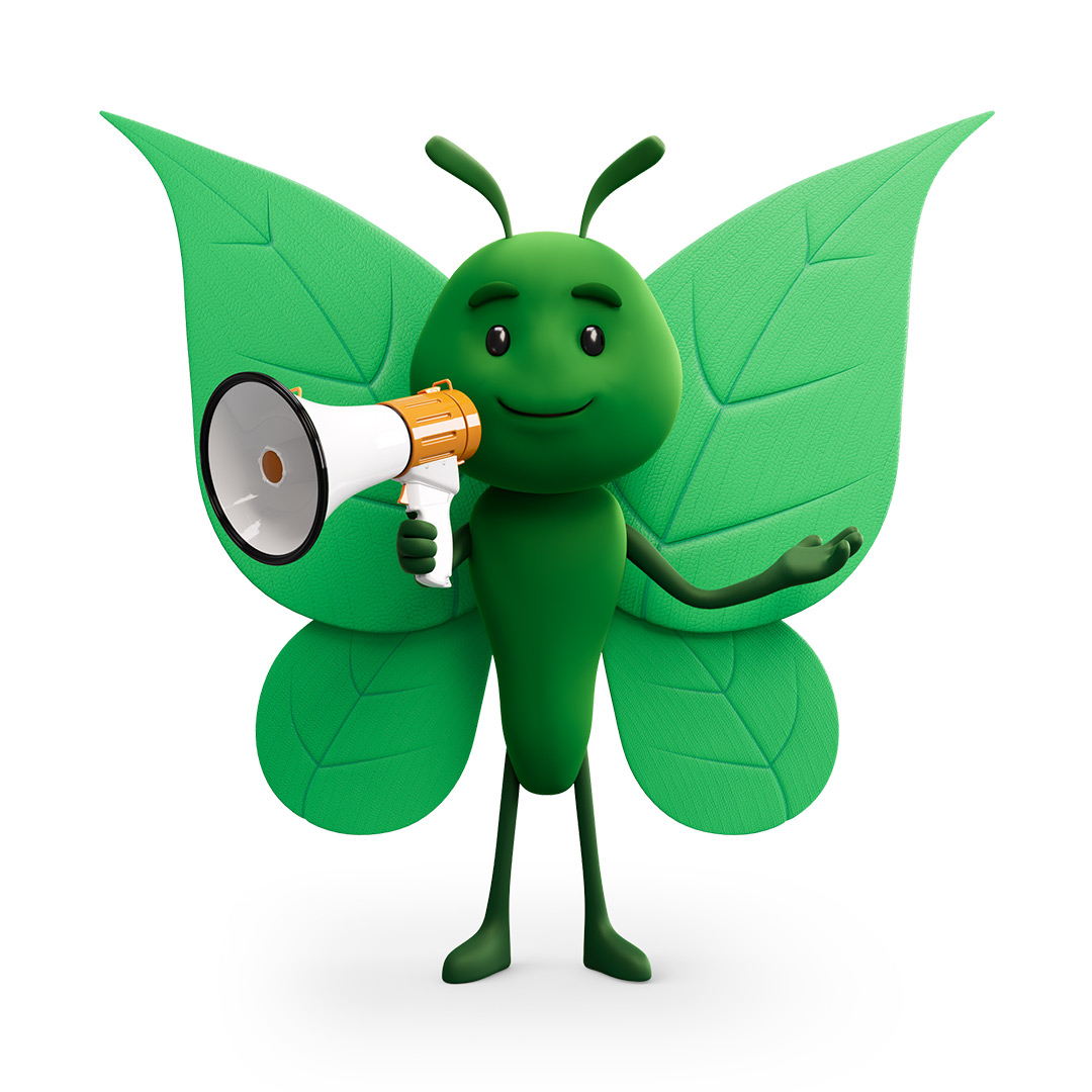 Bruce the green butterfly holding a megaphone