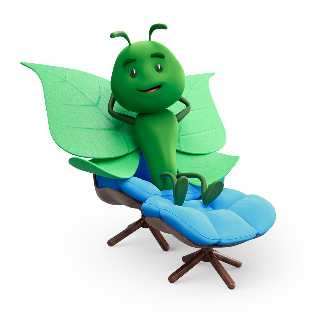 Bruce the green butterfly relaxing on a blue cushioned chair with wooden legs.