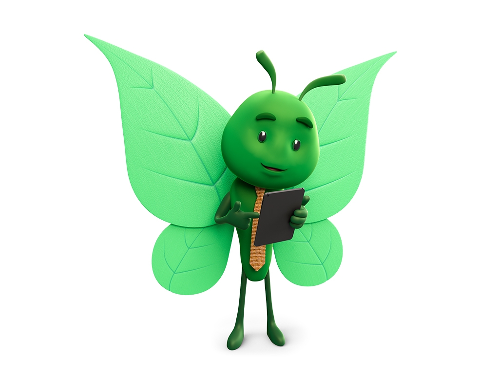 Bruce the butterfly using a tablet, symbolising renewable energy and digital customer services