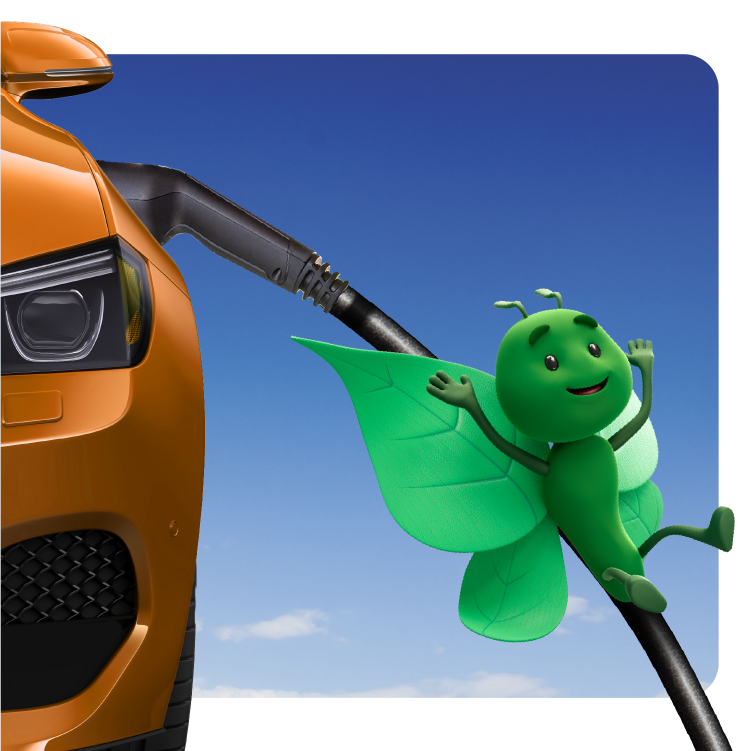 Green butterfly (ScottishPower mascot) playfully hanging on EV charger cable beside an orange car under blue sky. 