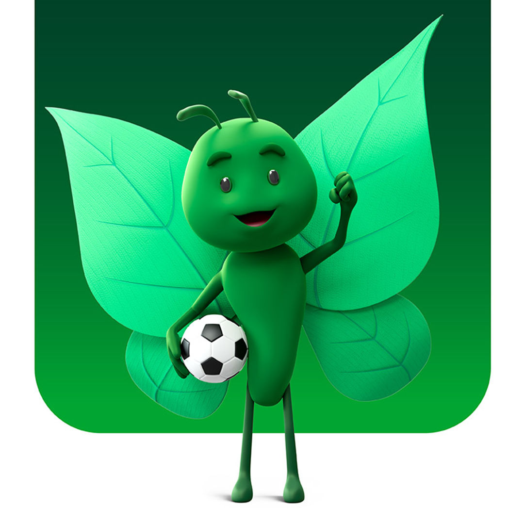 Bruce the butterfly holding football in his left hand