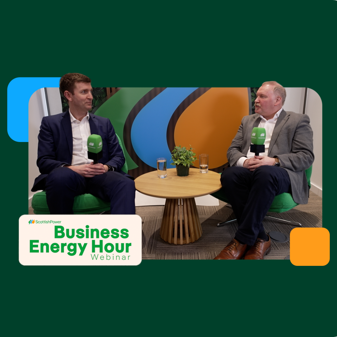 ScottishPower Business Energy Hour webinar featuring a discussion on business energy and sustainability topics, with two speakers holding ScottishPower microphones in a studio interview setting.