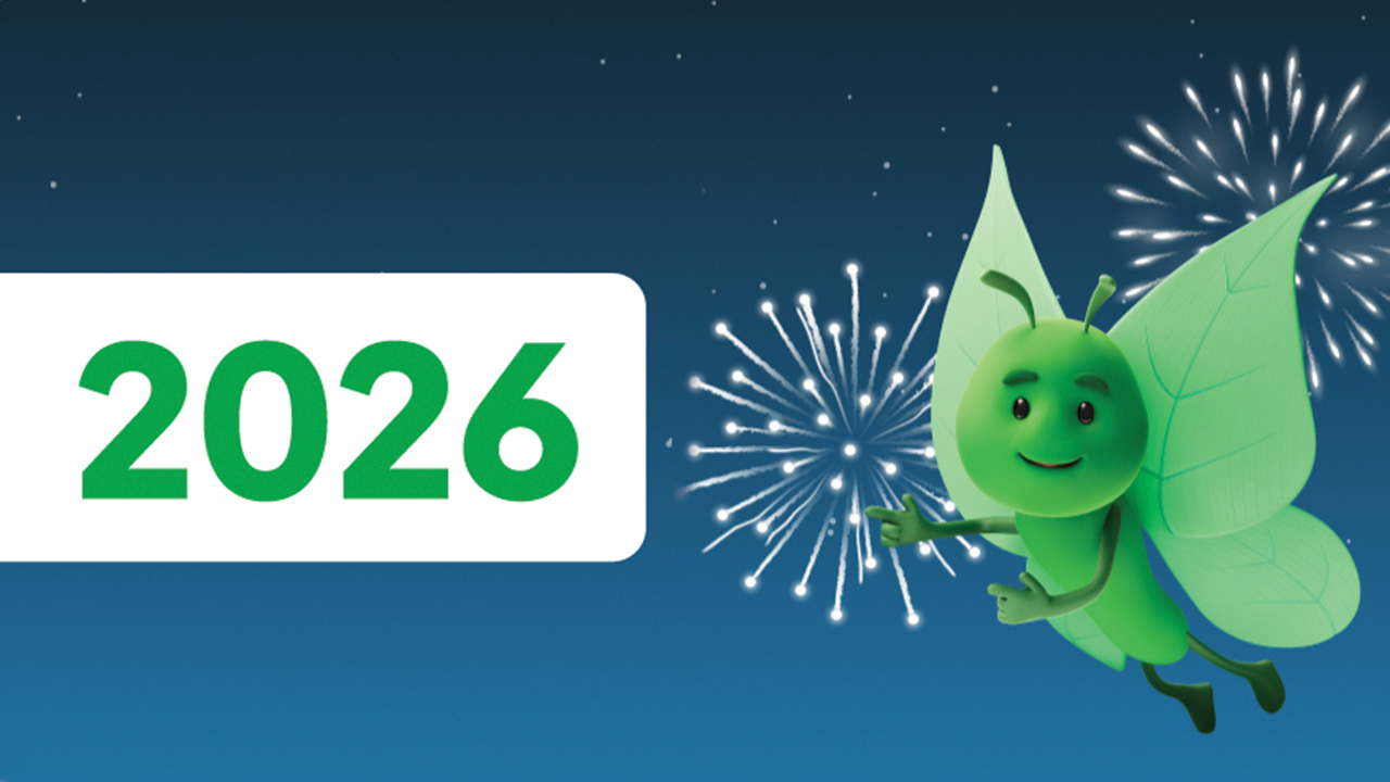 Bruce the butterfly with 2026 banner