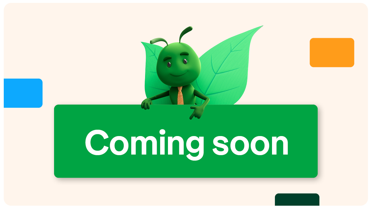 Bruce the butterfly holding a coming soon banner