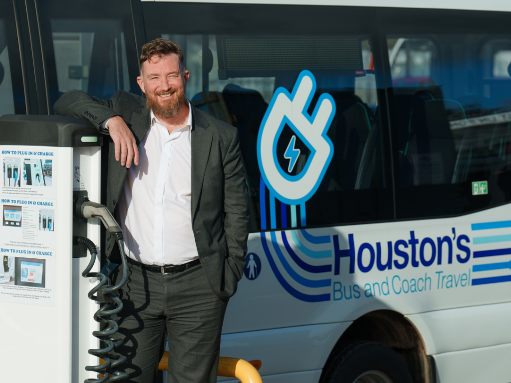Electric vehicle charging station next to an electric bus, illustrating how public EV charging infrastructure supports sustainable transport and fleet electrification.