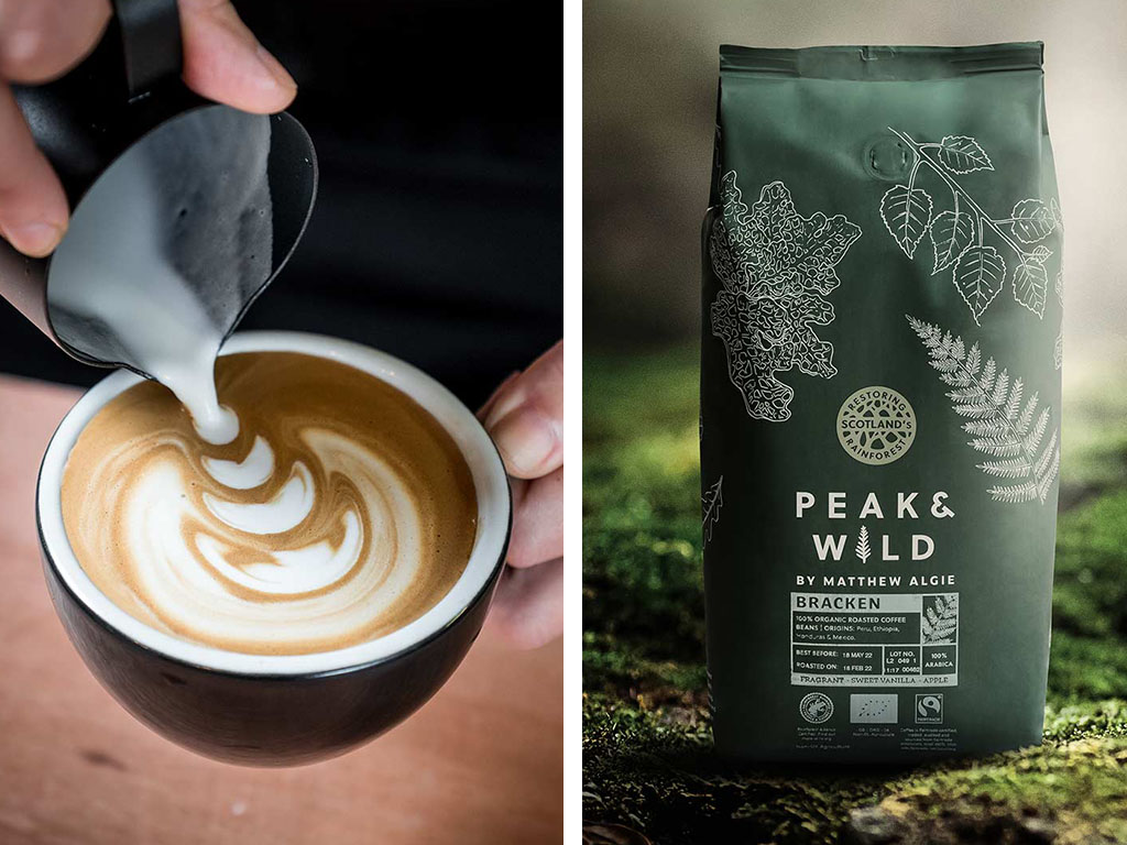 image of packet of coffee beans and a made coffee