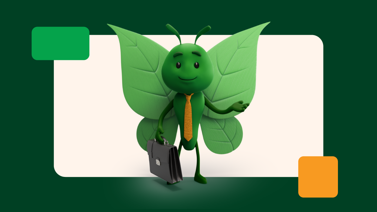 Green butterfly business mascot holding a briefcase and wearing a tie, representing sustainable business solutions, energy efficiency and environmental responsibility.
