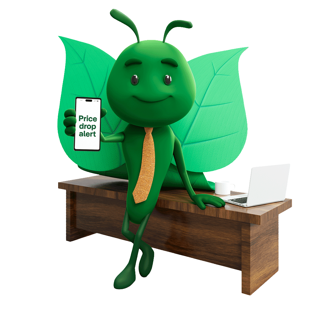 Bruce the butterfly sitting at desk holding smartphone displaying price drop alert