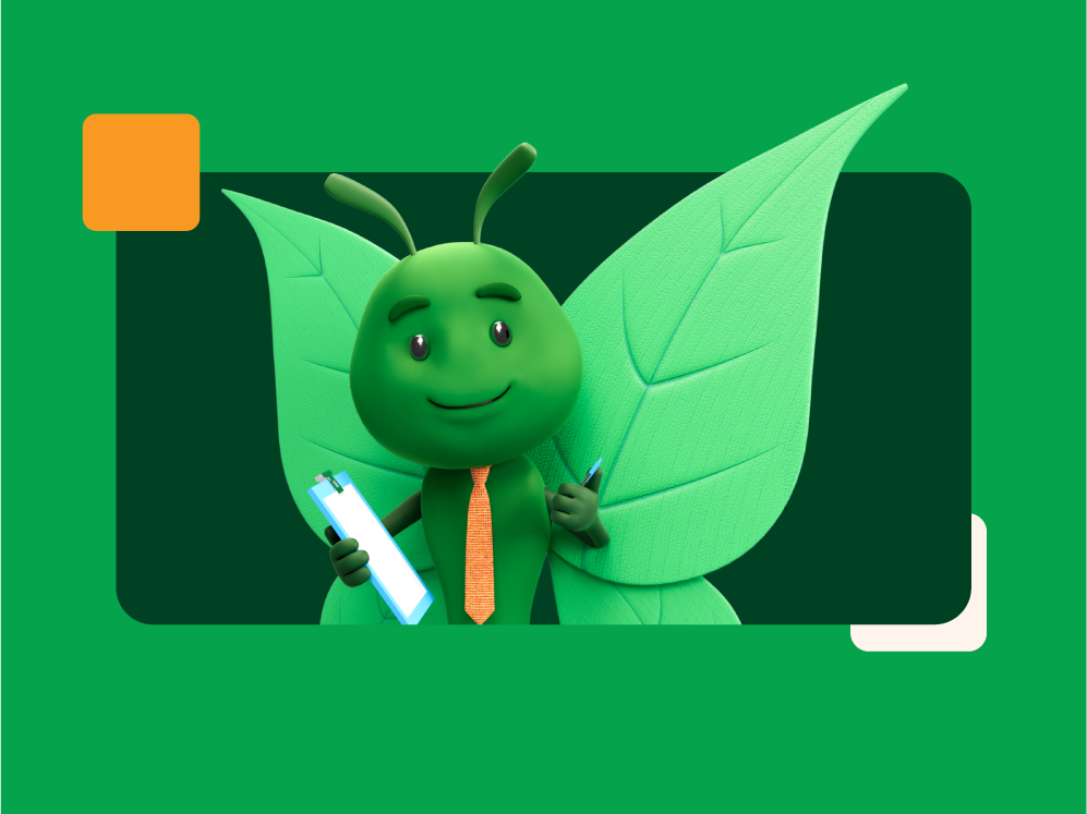 Bruce with clipboard on dark green background