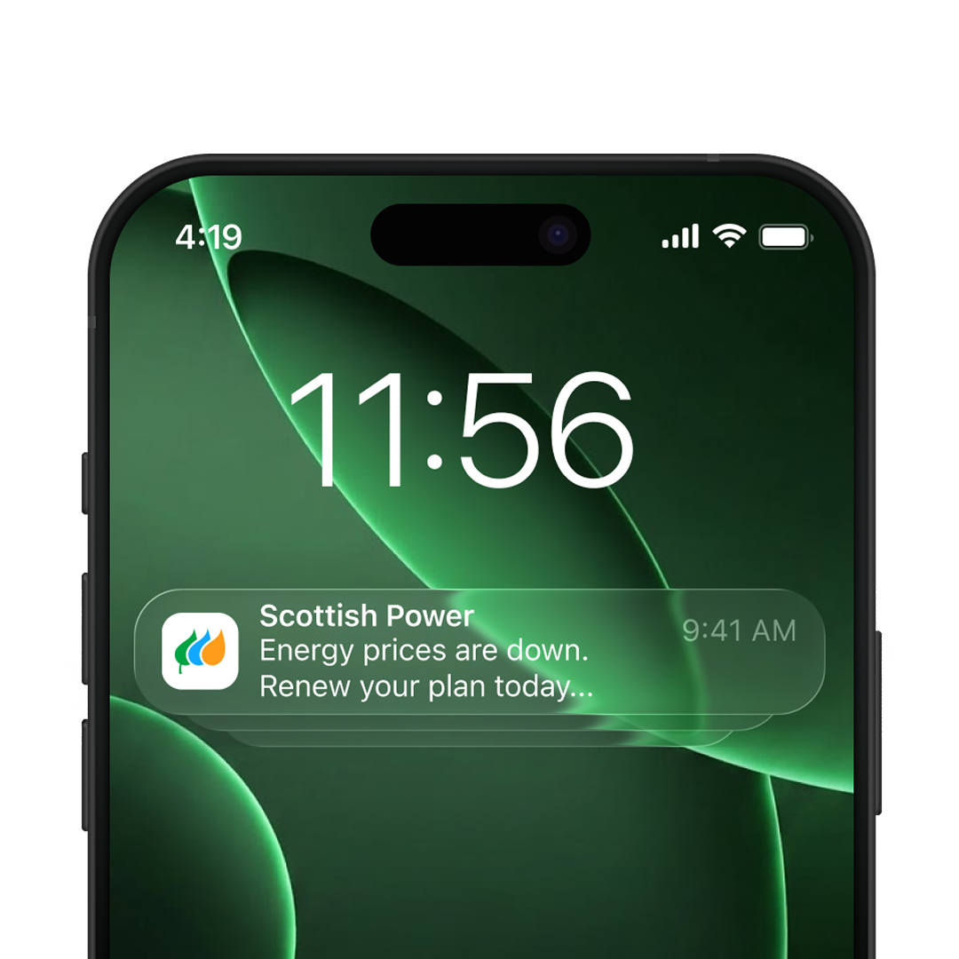 Smartphone displaying a Scottish Power notification that energy prices have dropped