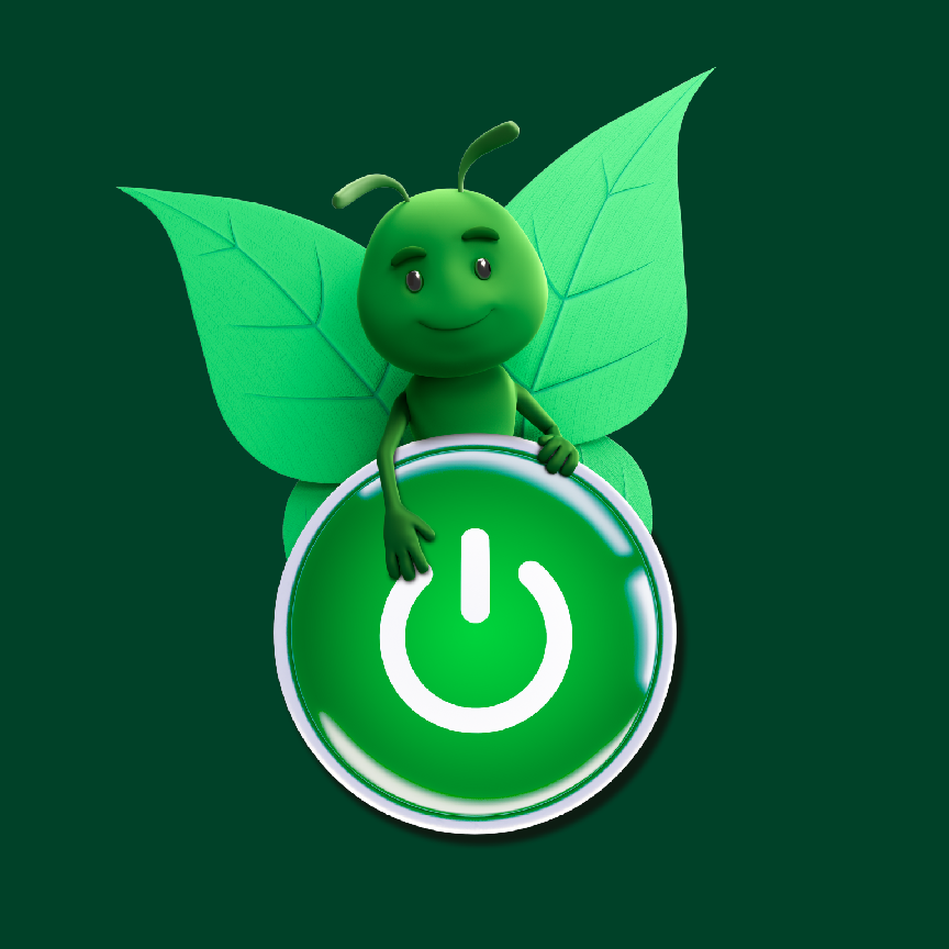 bruce the butterfly leaning on power button