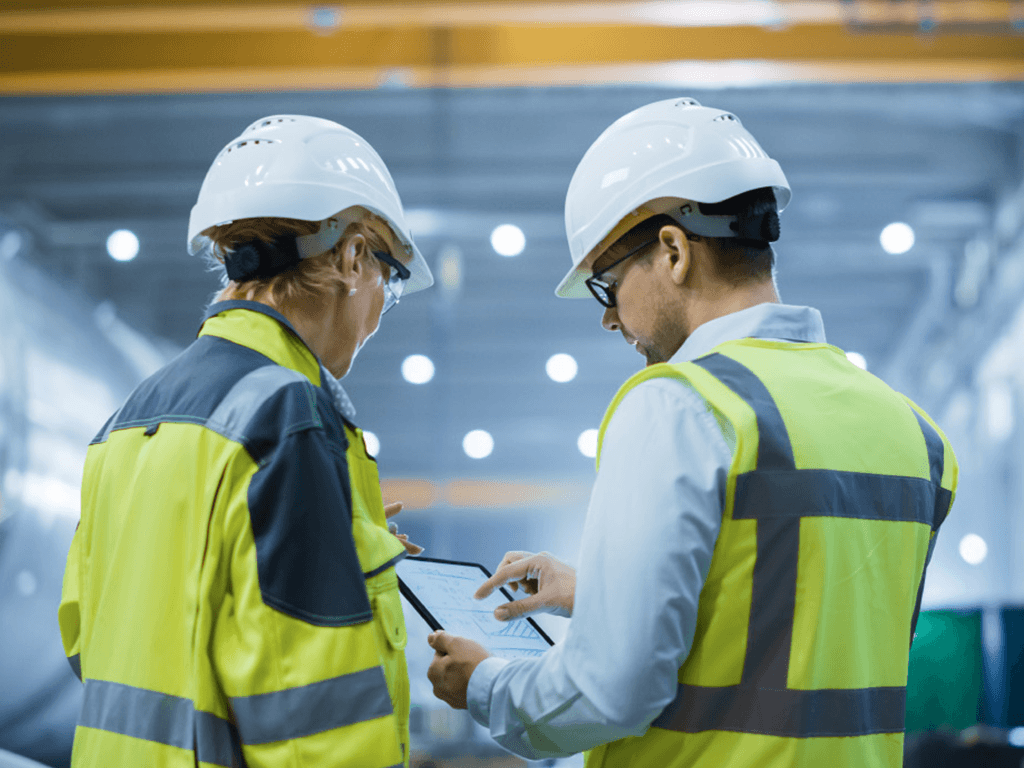 Workers in safety gear reviewing plans on a tablet at an industrial site.