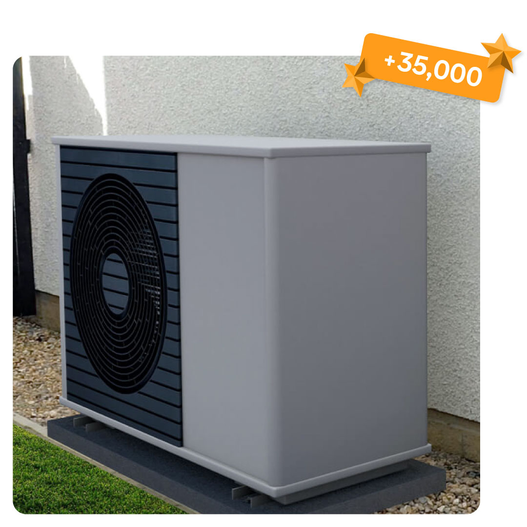 Outdoor air source heat pump unit installed beside a house wall, with an orange badge displaying ‘+35,000’ in the top corner