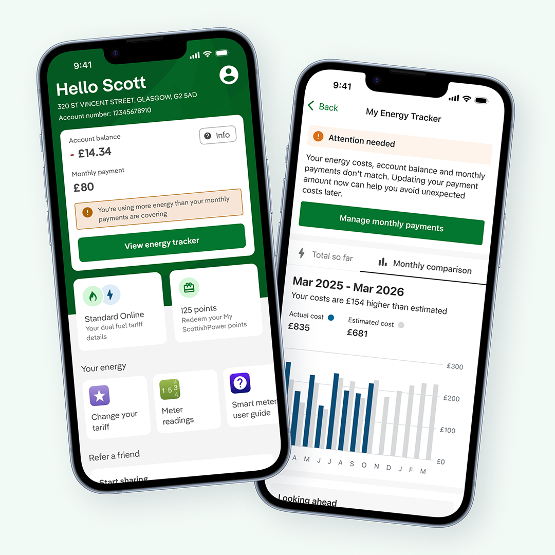 Two smartphone screens showing the homepage of the ScottishPower App and the My Energy Tracker monthly comparison graph.