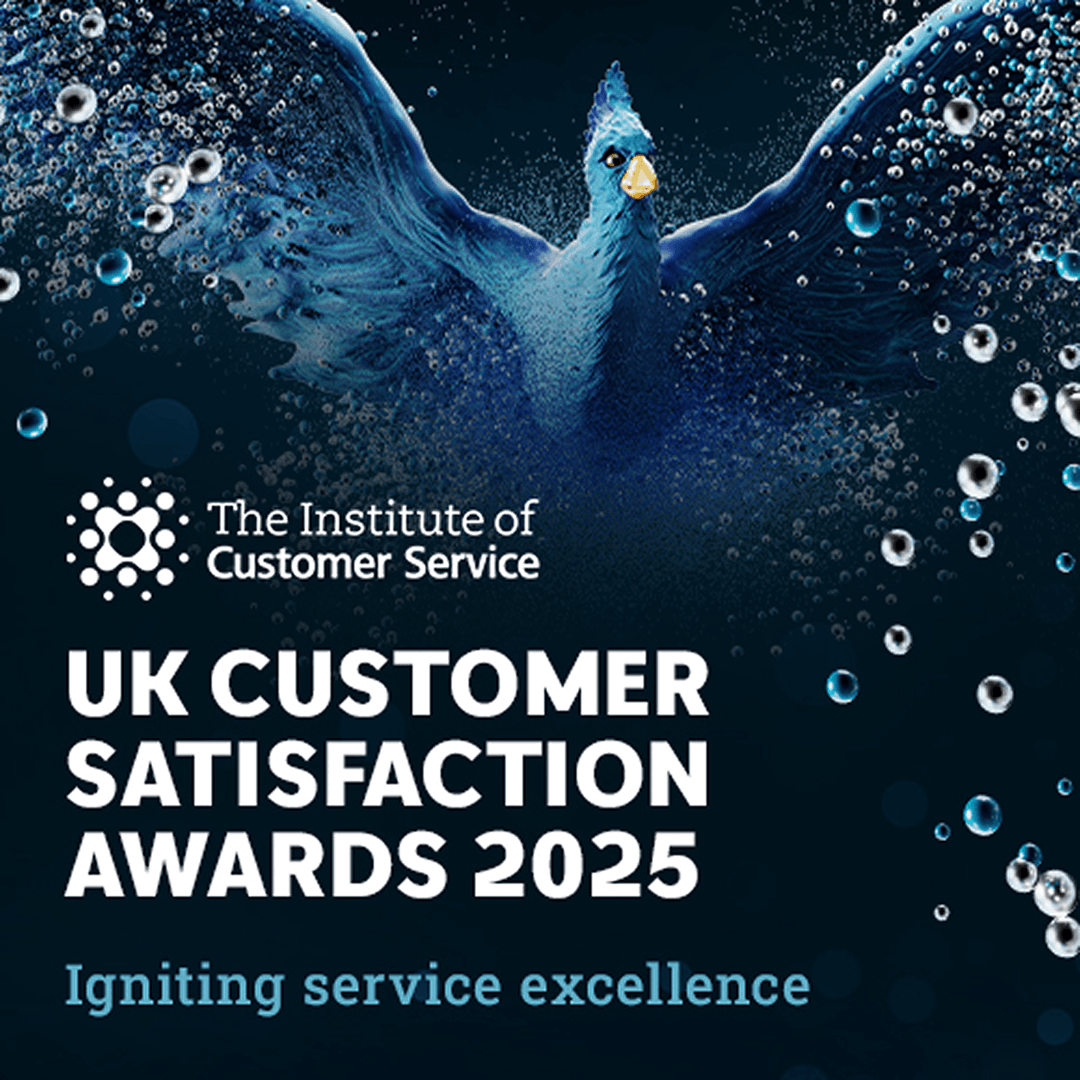 UK Customer Satisfaction Awards 2025 graphic with blue phoenix and service excellence branding.