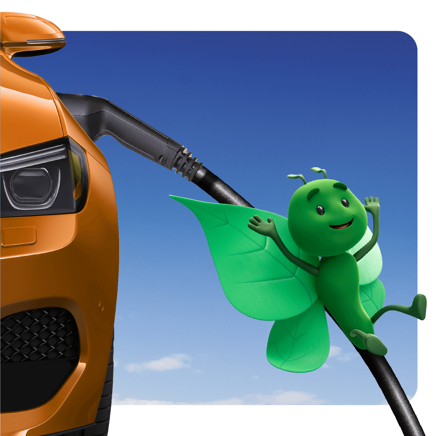 Green butterfly (ScottishPower mascot) playfully hanging on EV charger cable beside an orange car under blue sky