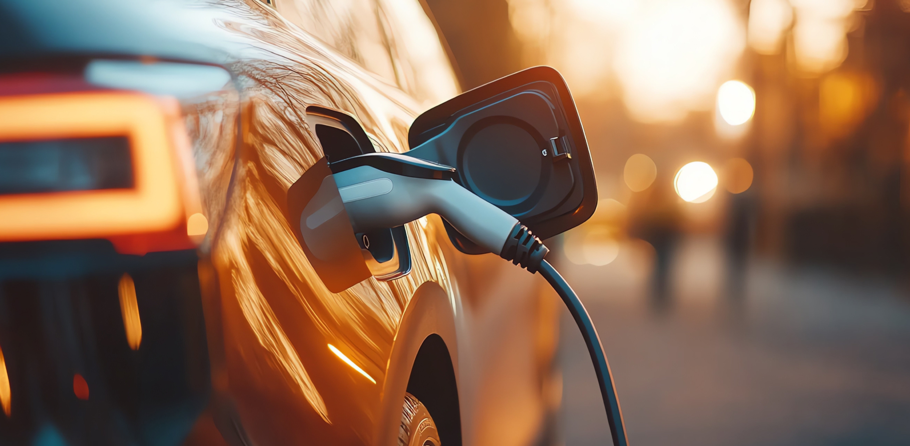 Electric vehicle charging cable plugged into a car’s charging port.