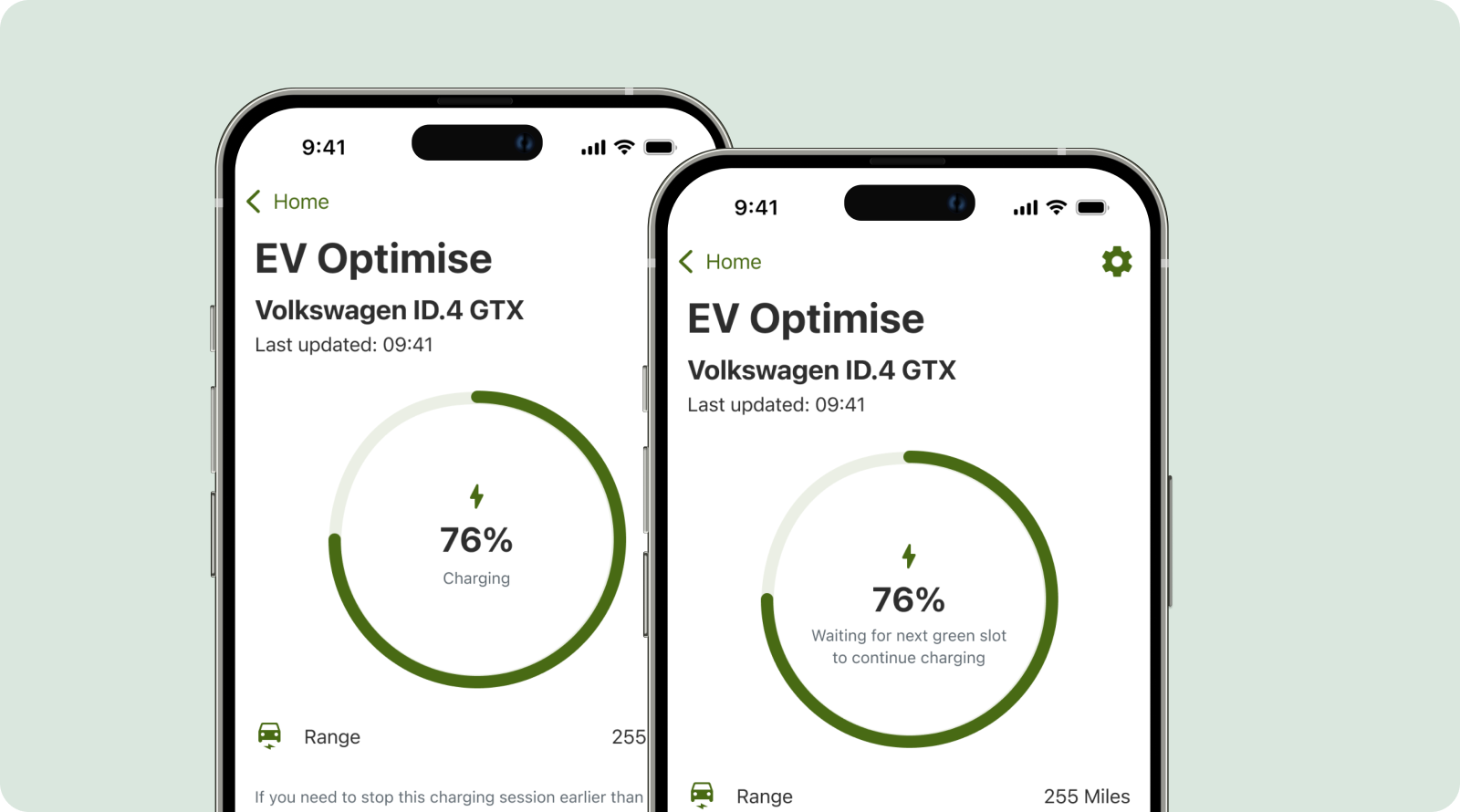 Two smartphone screens displaying the EV Optimise app. Both show a Volkswagen ID.4 GTX charging status at 76%. The left screen shows ‘Charging,’ while the right shows ‘Waiting for next green slot to continue charging.’ Each screen also displays the last updated time and the vehicle’s range.