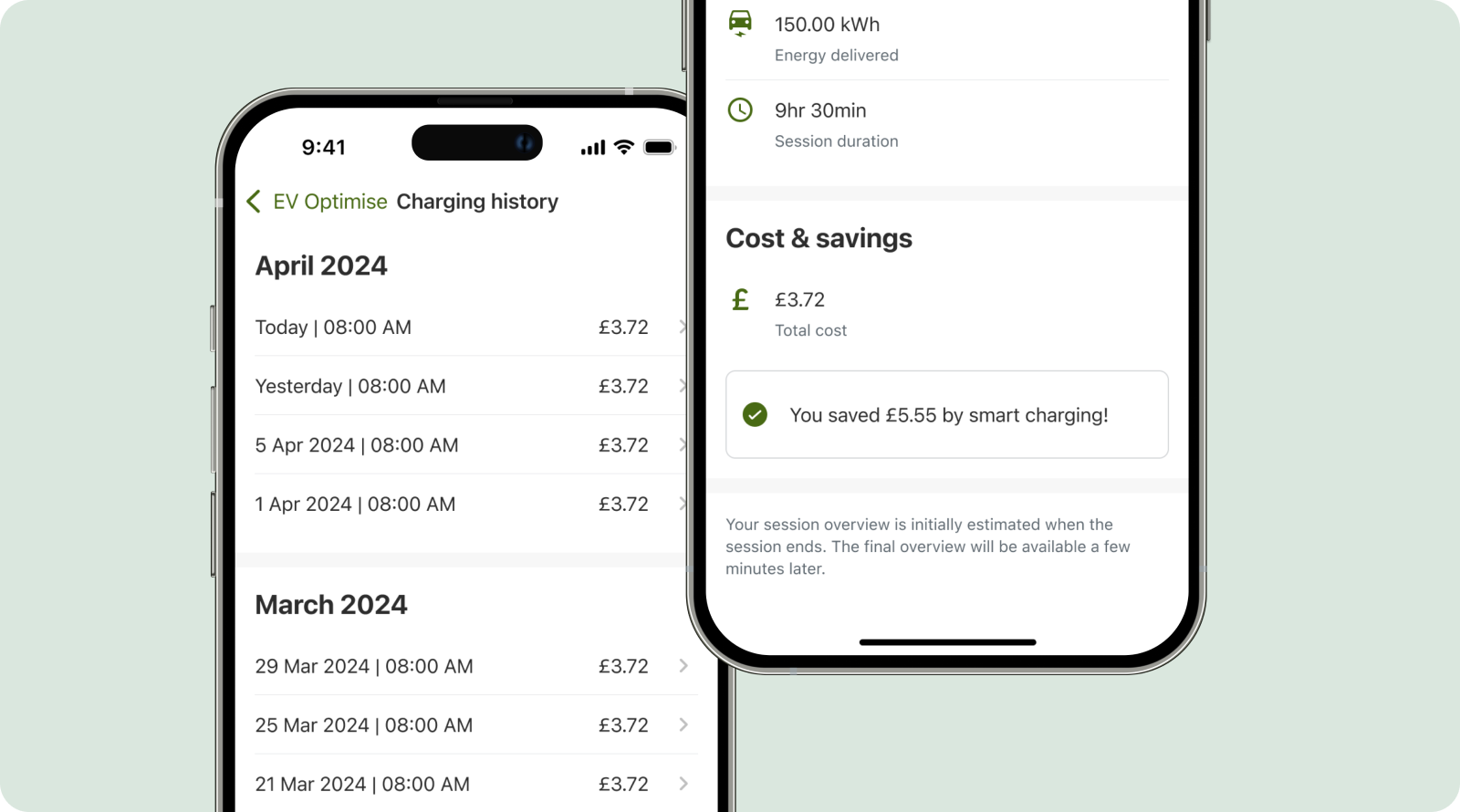 Two smartphone screens showing EV Optimise charging history and cost savings. The left screen lists charging sessions from April and March 2024 with dates, times, and costs. The right screen displays a session summary with energy delivered, session duration, total cost of £3.72, and a message stating £5.55 was saved through smart charging.