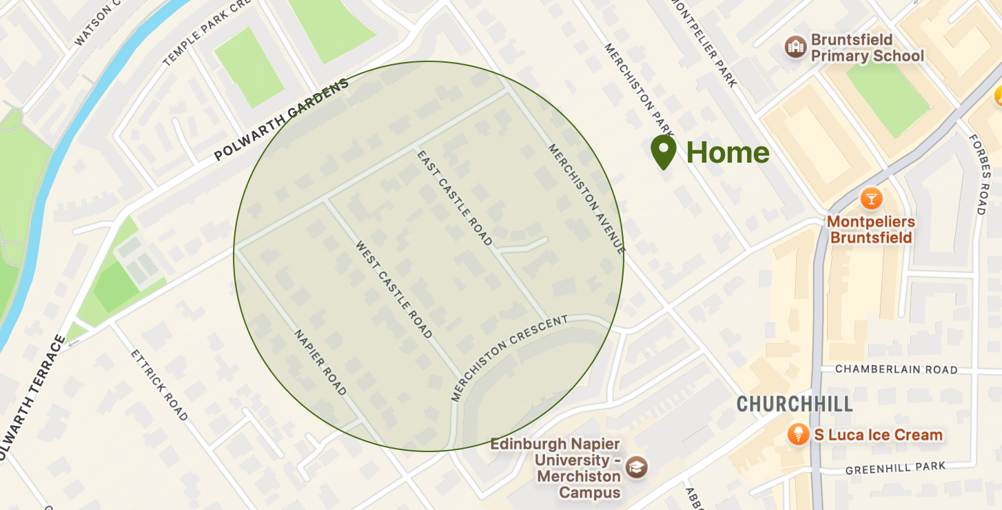 Home location outside green circle on map