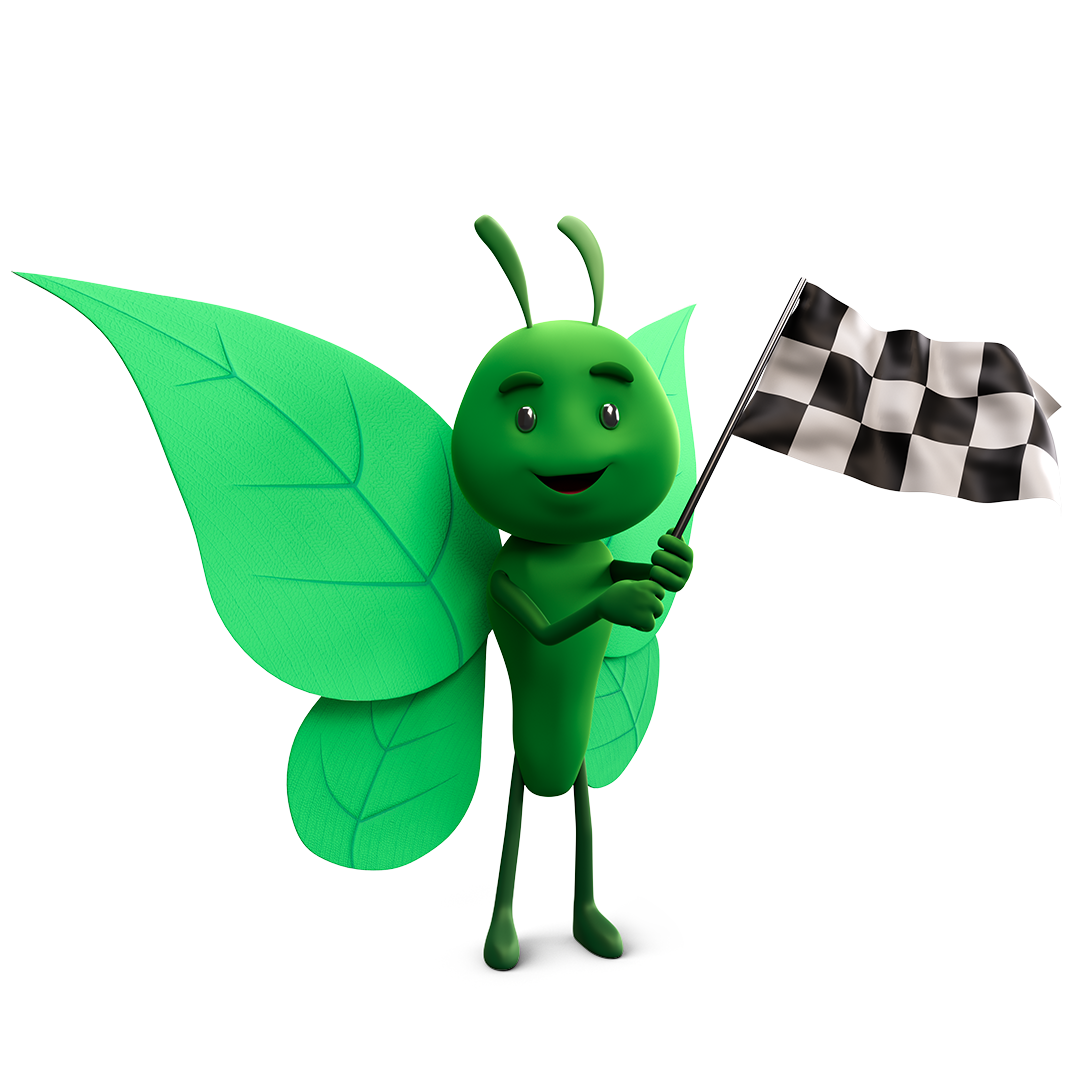 ScottishPower mascot, Bruce, holding and waving a Forumla-1 style checkered flag