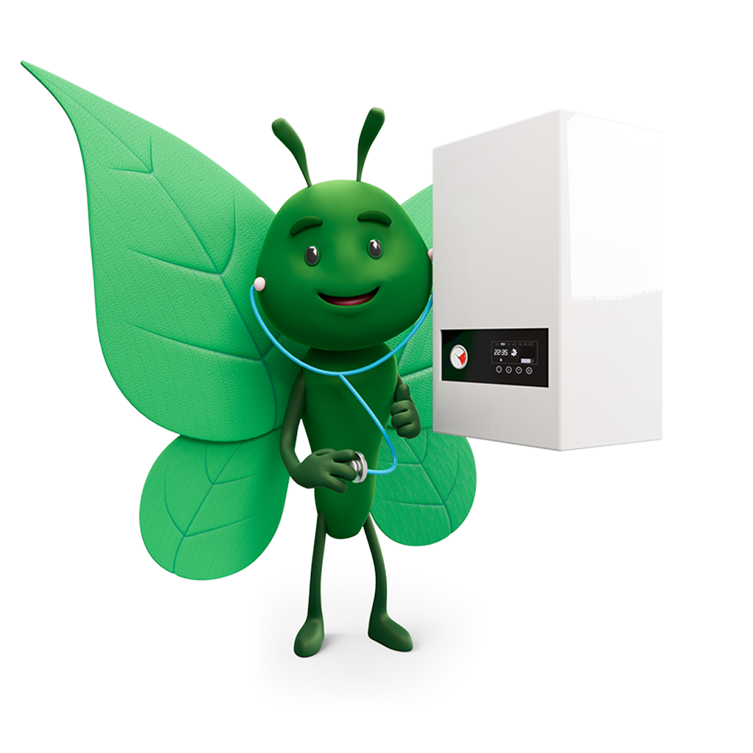 Bruce the butterfly checking a domestic boiler, representing boiler servicing, heating maintenance, improved energy efficiency, reliable home heating and lower energy bills