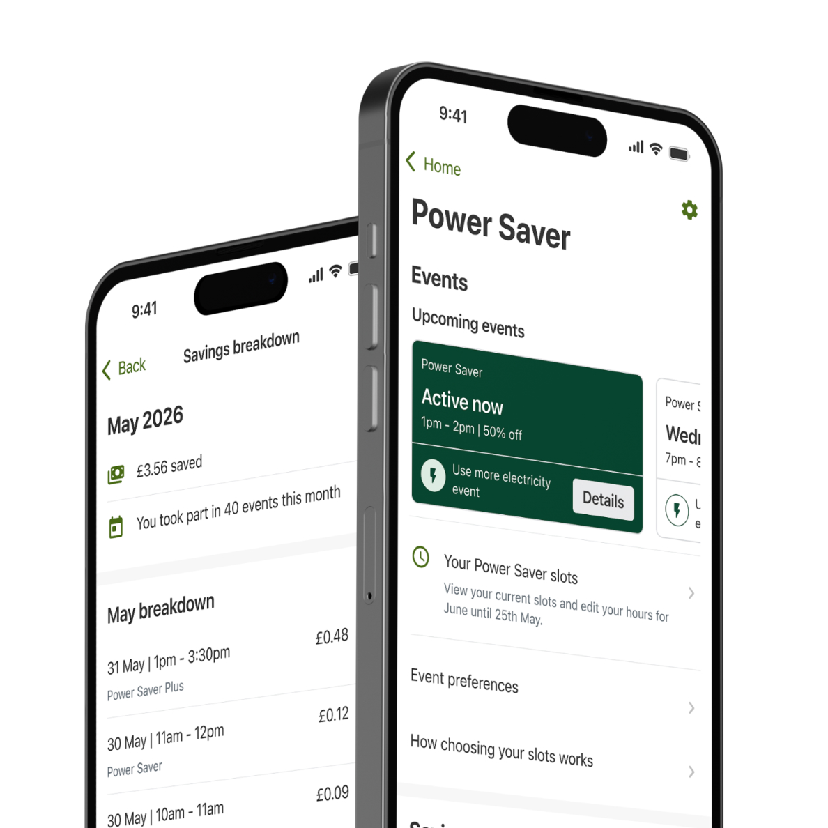Image of an phone showcasing two different Power Saver screens on the app